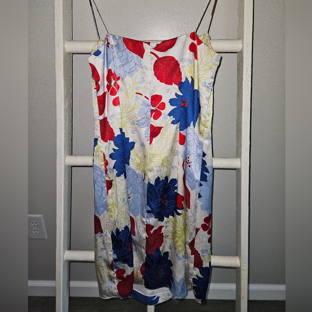 Tommy Hilfiger Red White Blue Floral Print Cabana silk slip dress Size 2